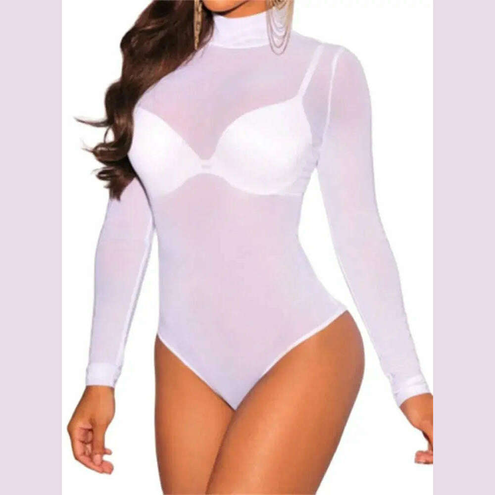 Women Mesh Bodysuits Summer Fall Long Sleeve Mock Neck Bodycon Body Top See Through Vintage Sexy Clubwear - KIMLUD