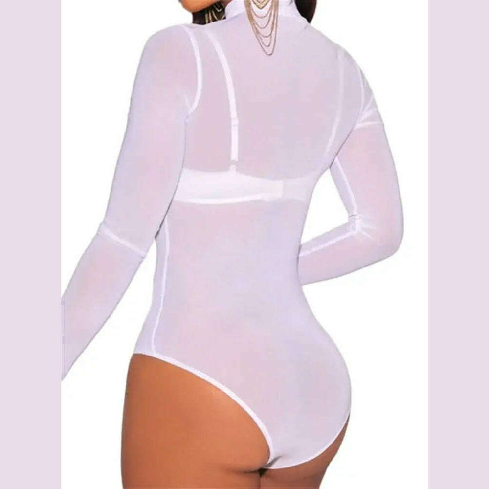 Women Mesh Bodysuits Summer Fall Long Sleeve Mock Neck Bodycon Body Top See Through Vintage Sexy Clubwear - KIMLUD