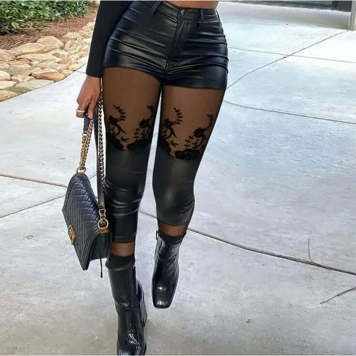 Women Mesh&Pu Leather Patch High Waist Zipper Pants Skinny Spring&Autumn Black Pencil Pants - KIMLUD