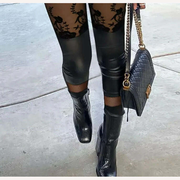 KIMLUD, Women Mesh&Pu Leather Patch High Waist Zipper Pants Skinny Spring&Autumn Black Pencil Pants, KIMLUD Womens Clothes