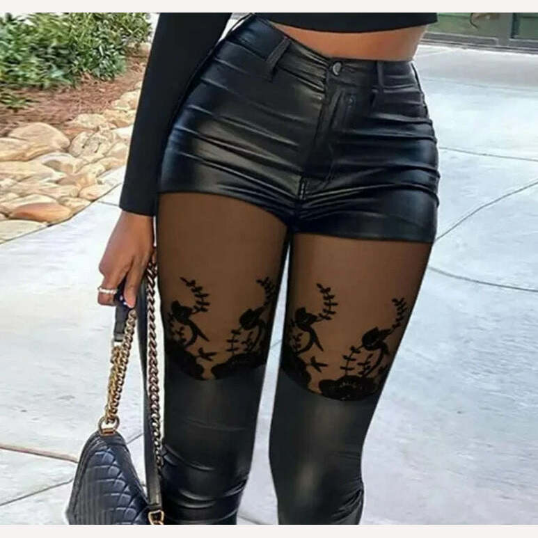 KIMLUD, Women Mesh&Pu Leather Patch High Waist Zipper Pants Skinny Spring&Autumn Black Pencil Pants, KIMLUD Womens Clothes