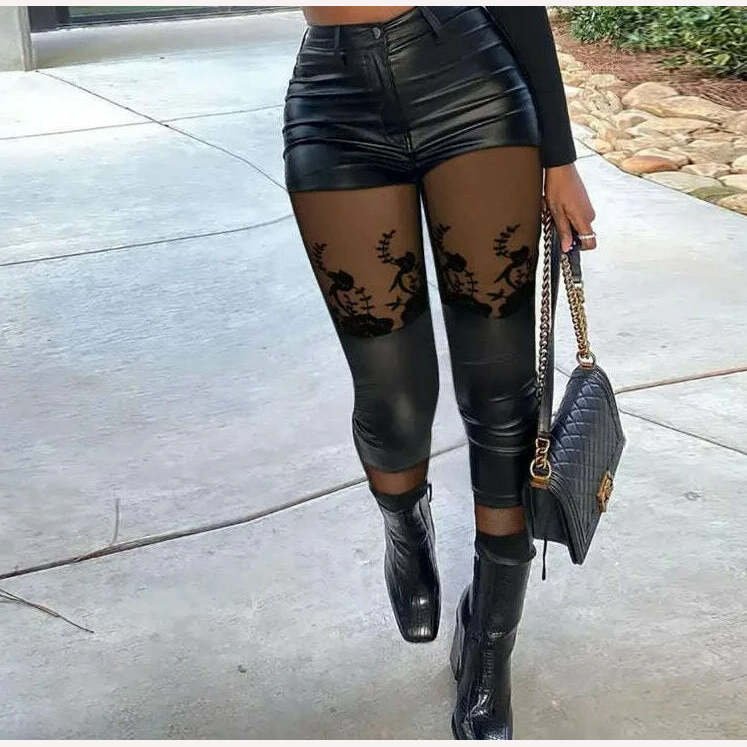 KIMLUD, Women Mesh&Pu Leather Patch High Waist Zipper Pants Skinny Spring&Autumn Black Pencil Pants, KIMLUD Womens Clothes