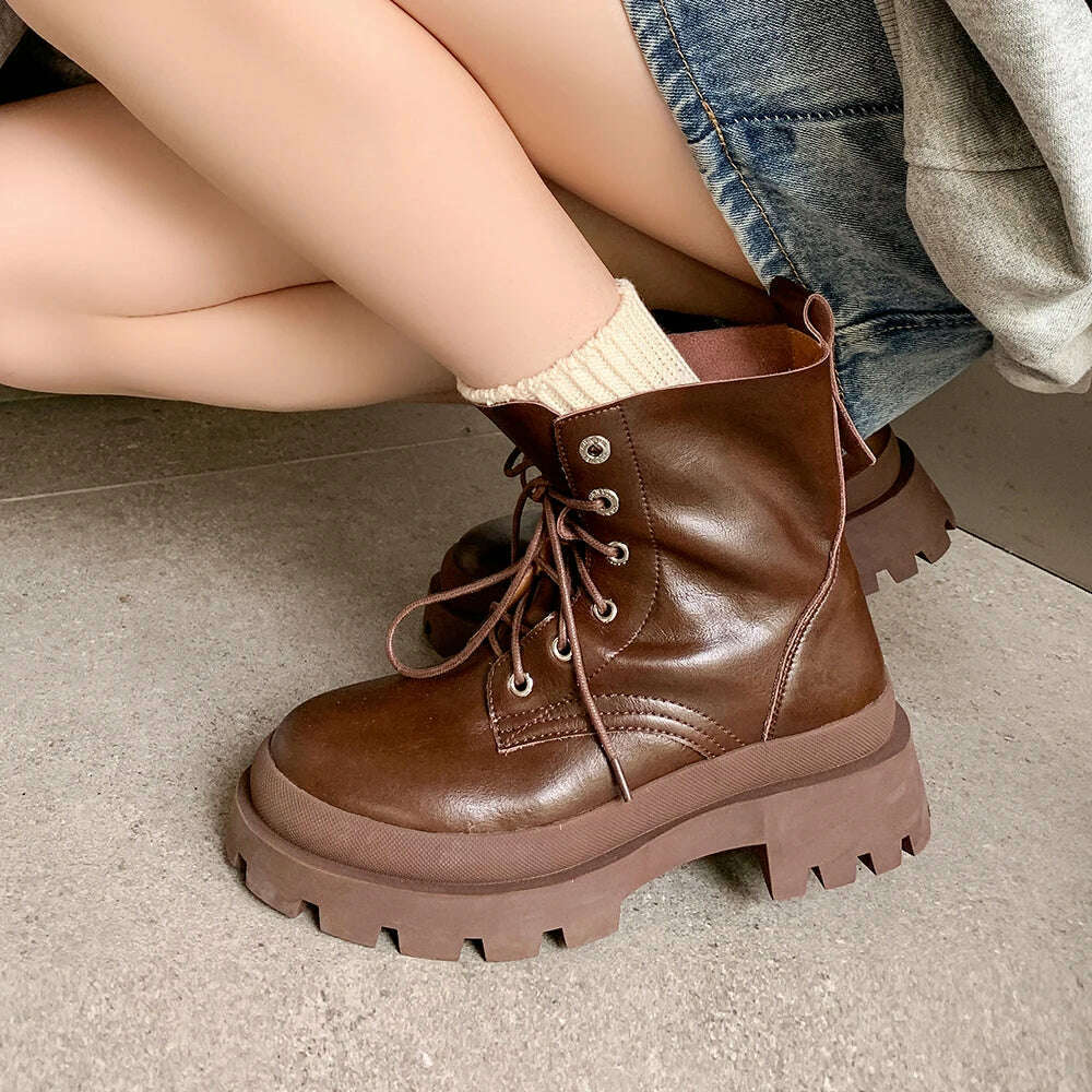 KIMLUD, Women Motorcycle Ankle Boots Genuine Leather Shoes Brown Wedges 2022 Female Lace Up Platforms Classic Warm Snow Boot Botas Mujer, KIMLUD Womens Clothes