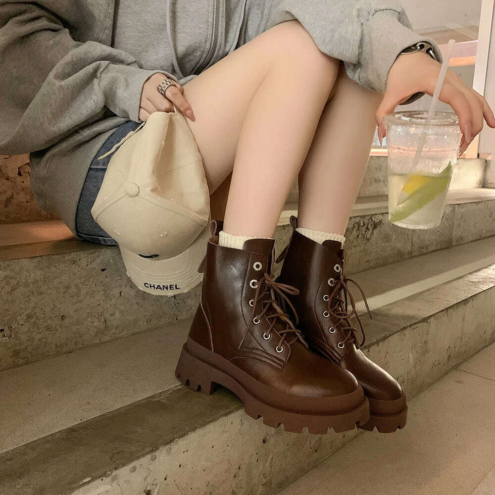 KIMLUD, Women Motorcycle Ankle Boots Genuine Leather Shoes Brown Wedges 2022 Female Lace Up Platforms Classic Warm Snow Boot Botas Mujer, KIMLUD Womens Clothes