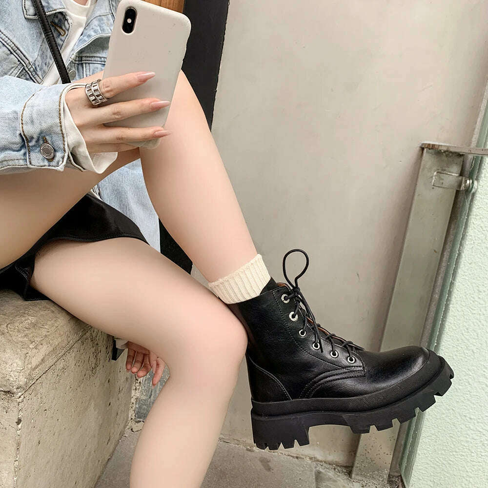 KIMLUD, Women Motorcycle Ankle Boots Genuine Leather Shoes Brown Wedges 2022 Female Lace Up Platforms Classic Warm Snow Boot Botas Mujer, KIMLUD Womens Clothes