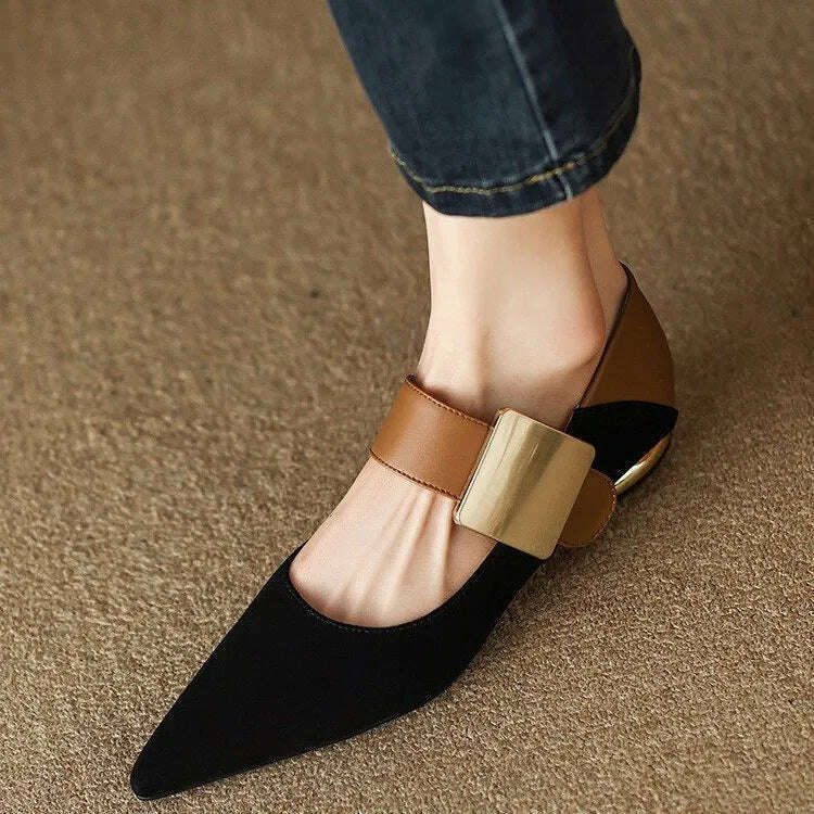 KIMLUD, Women Nature Suede High Thick Heels SmallHut New 2023 Spring Black Apricot Square Toe Pumps Elegant Lady Metal Decoration Shoes, KIMLUD Women's Clothes