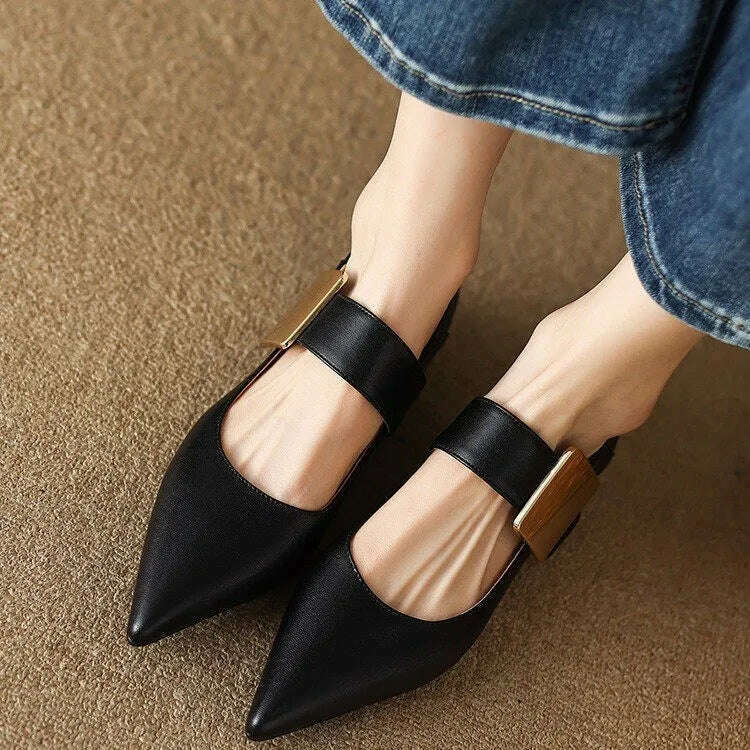 KIMLUD, Women Nature Suede High Thick Heels SmallHut New 2023 Spring Black Apricot Square Toe Pumps Elegant Lady Metal Decoration Shoes, KIMLUD Womens Clothes