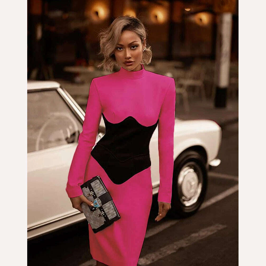 KIMLUD, Women O Neck Bandage Dress 2022 New Summer Sexy Long Sleeve Fashion Stitching Tight Patchwork Club Female Party Midi Vestidos, KIMLUD Womens ClothesKIMLUD, Women O Neck Bandage Dress 2022 New Summer Sexy Long Sleeve Fashion Stitching Tight Patchwork Club Female Party Midi Vestidos, Rose Red / S, KIMLUD APPAREL - Womens Clothes