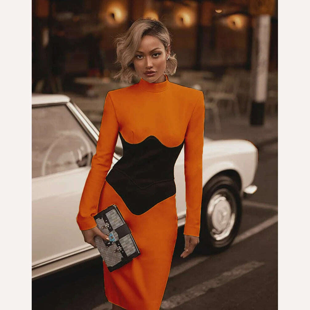 KIMLUD, Women O Neck Bandage Dress 2022 New Summer Sexy Long Sleeve Fashion Stitching Tight Patchwork Club Female Party Midi Vestidos, KIMLUD Womens ClothesKIMLUD, Women O Neck Bandage Dress 2022 New Summer Sexy Long Sleeve Fashion Stitching Tight Patchwork Club Female Party Midi Vestidos, Orange / S, KIMLUD APPAREL - Womens Clothes