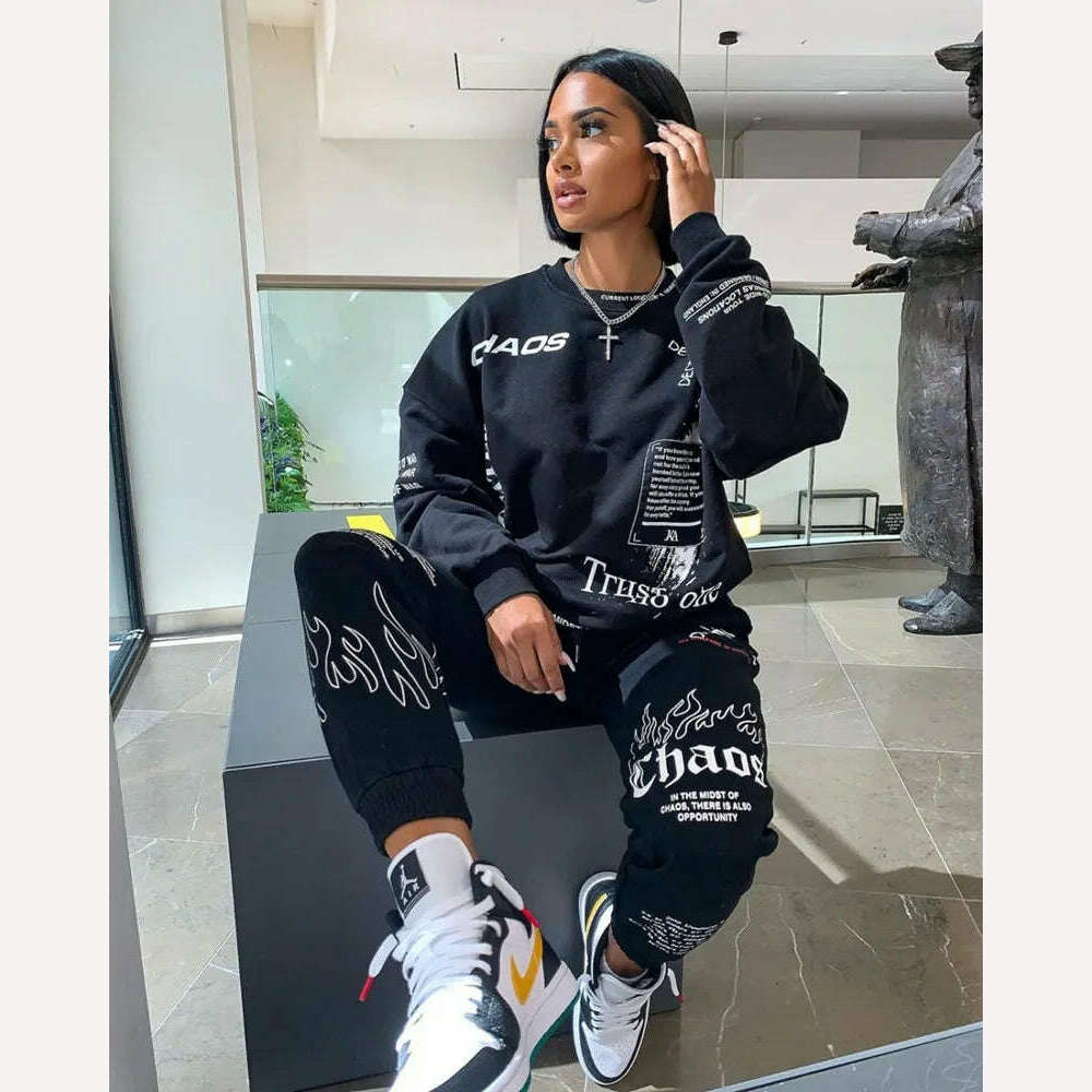 KIMLUD, Women Outfit Letter Print Loose 2 Two Piece Set Streetwear Tracksuit Sweatshirt Joggers Pants Matching Ensemble Femme 2 pieces, KIMLUD Women's Clothes