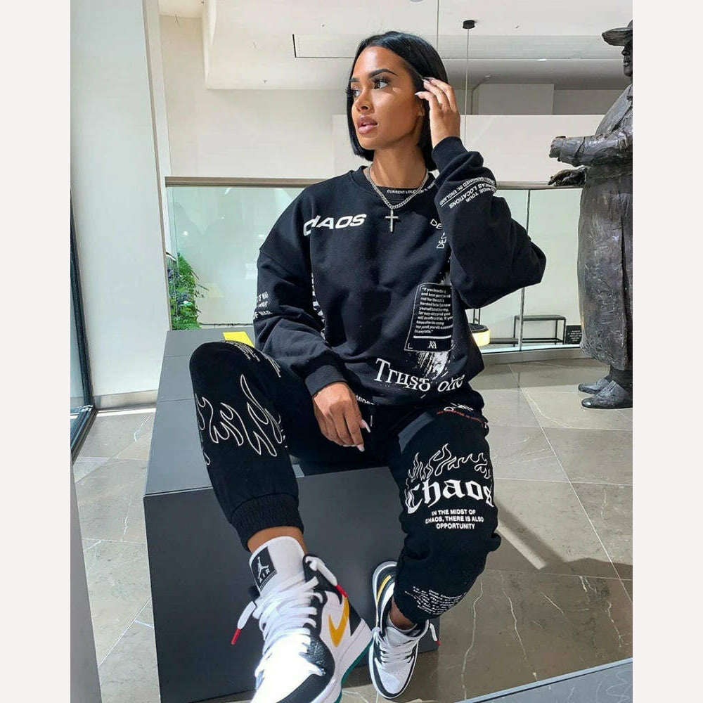 KIMLUD, Women Outfit Letter Print Loose 2 Two Piece Set Streetwear Tracksuit Sweatshirt Joggers Pants Matching Ensemble Femme 2 pieces, Color2 / S, KIMLUD Womens Clothes