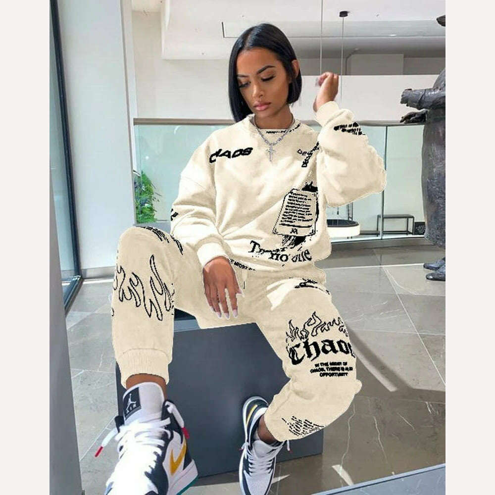 KIMLUD, Women Outfit Letter Print Loose 2 Two Piece Set Streetwear Tracksuit Sweatshirt Joggers Pants Matching Ensemble Femme 2 pieces, Color5 / S, KIMLUD Womens Clothes