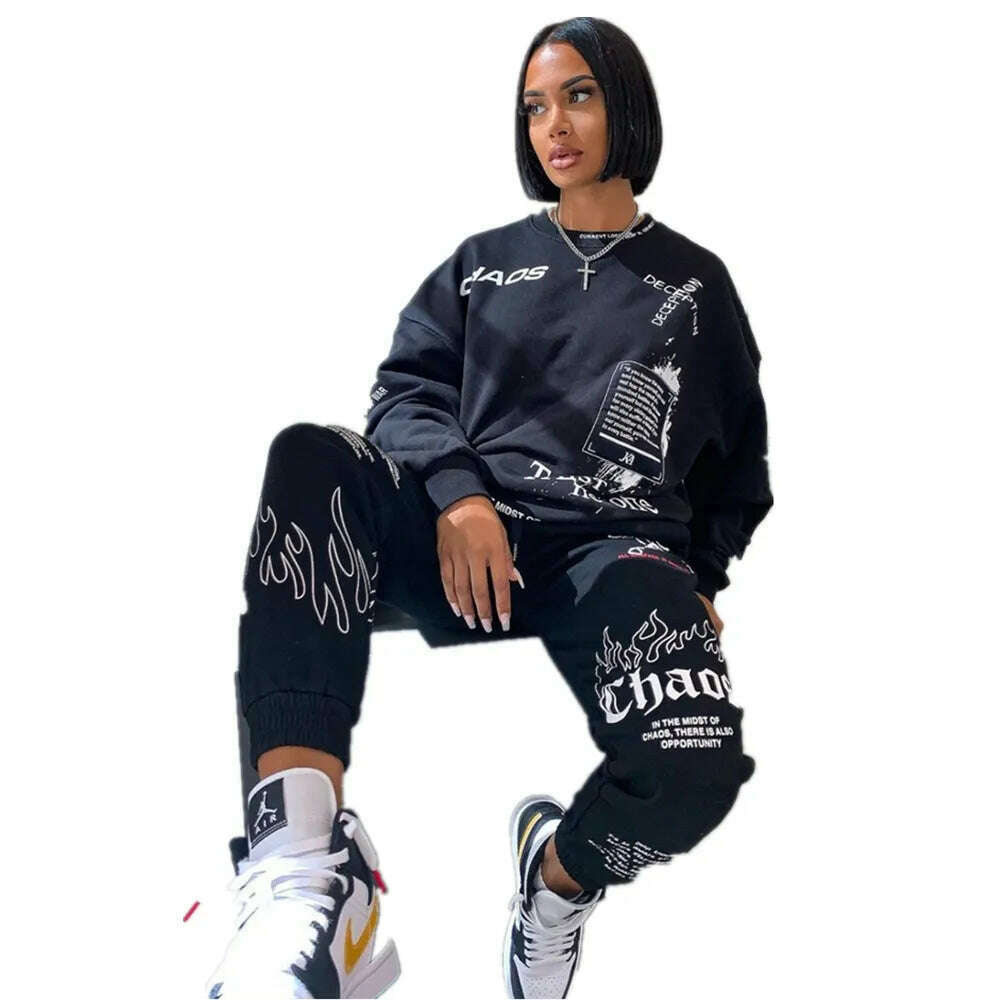 KIMLUD, Women Outfit Letter Print Loose 2 Two Piece Set Streetwear Tracksuit Sweatshirt Joggers Pants Matching Ensemble Femme 2 pieces, KIMLUD Womens Clothes