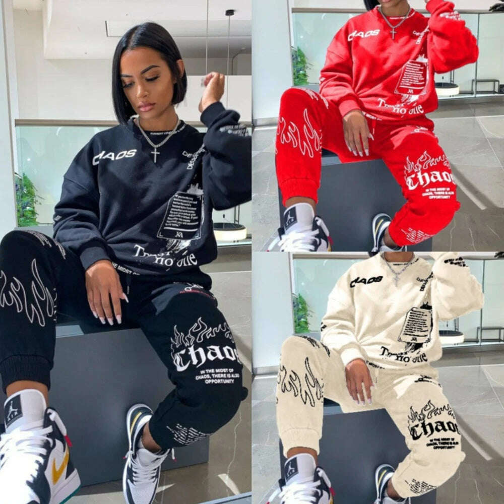 KIMLUD, Women Outfit Letter Print Loose 2 Two Piece Set Streetwear Tracksuit Sweatshirt Joggers Pants Matching Ensemble Femme 2 pieces, KIMLUD Womens Clothes