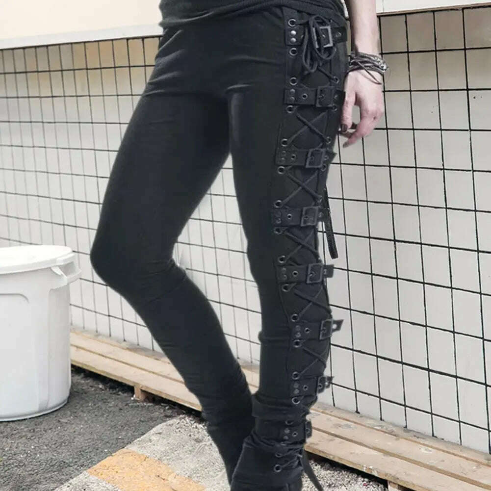 Women Pants Drawstring Eyelet Punk Ladies Slim-fitting High Stretch Pencil Pants for Sports - KIMLUD