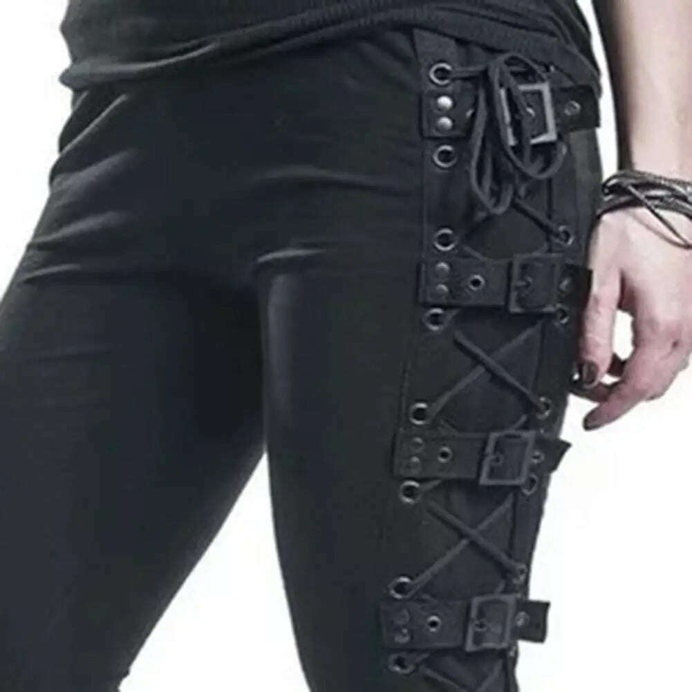 Women Pants Drawstring Eyelet Punk Ladies Slim-fitting High Stretch Pencil Pants for Sports - KIMLUD