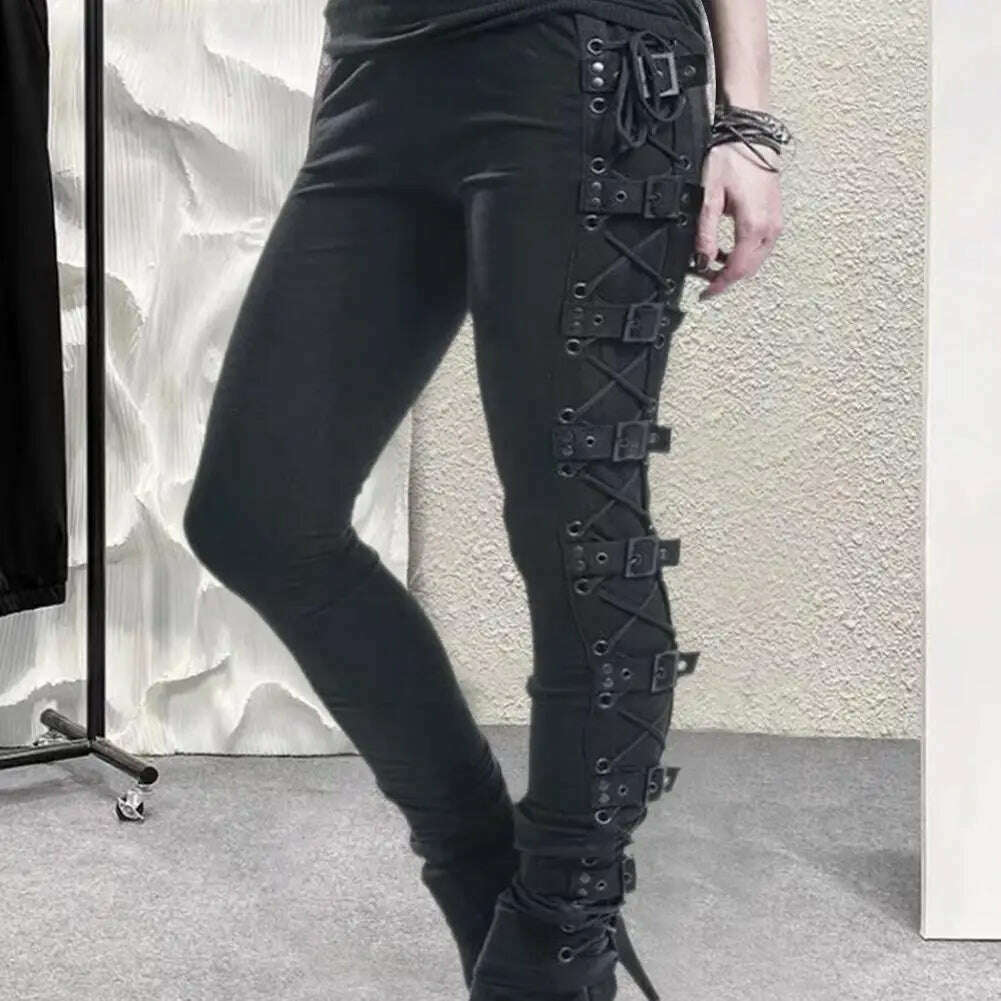 Women Pants Drawstring Eyelet Punk Ladies Slim-fitting High Stretch Pencil Pants for Sports - KIMLUD