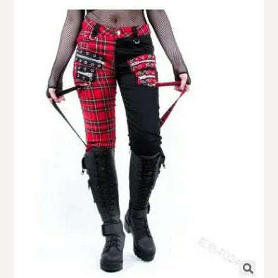 Women Pants Plaid Autumn Trousers Personality Bandage Splice Casual Women's Print Large Size Pencil Clothing - KIMLUD