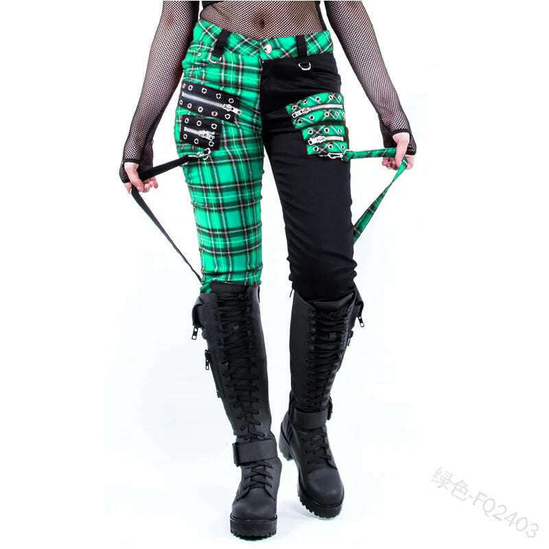 Women Pants Plaid Autumn Trousers Personality Bandage Splice Casual Women's Print Large Size Pencil Clothing - KIMLUD