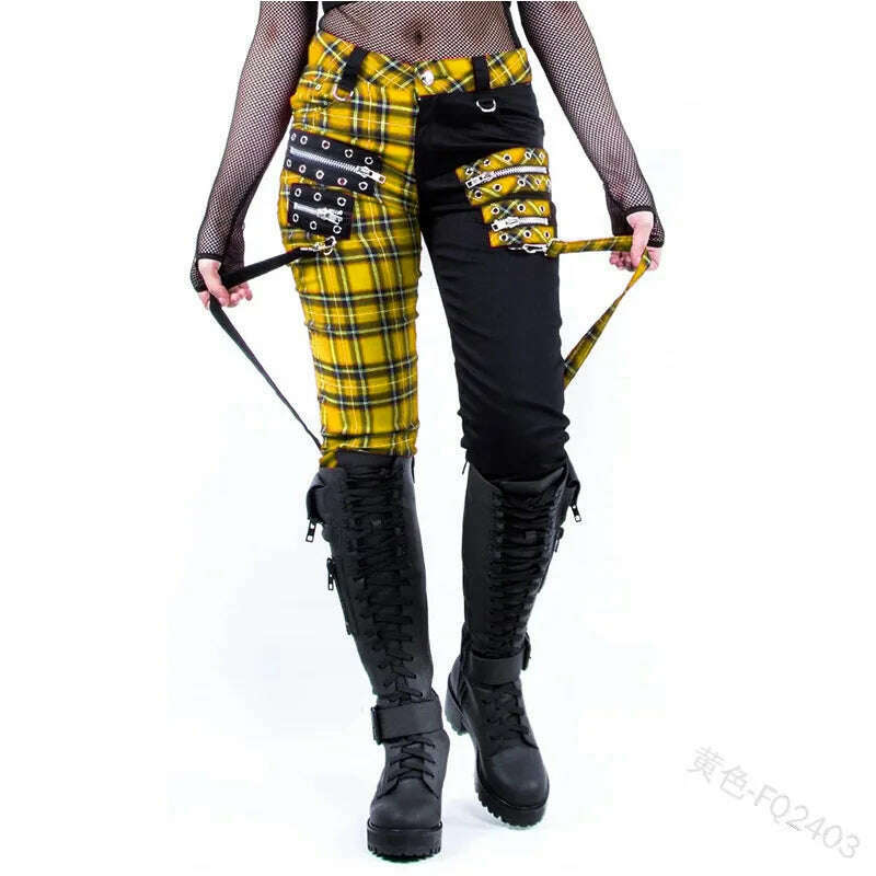 Women Pants Plaid Autumn Trousers Personality Bandage Splice Casual Women's Print Large Size Pencil Clothing - KIMLUD