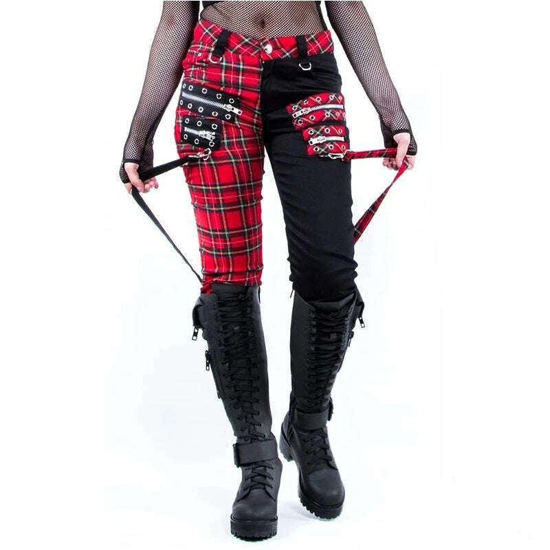 Women Pants Plaid Autumn Trousers Personality Bandage Splice Casual Women's Print Large Size Pencil Clothing - KIMLUD