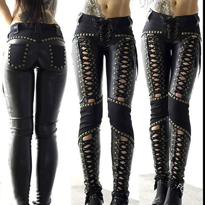 Women Pants Punk Rock Imitation Leather Pencil Pants - KIMLUD