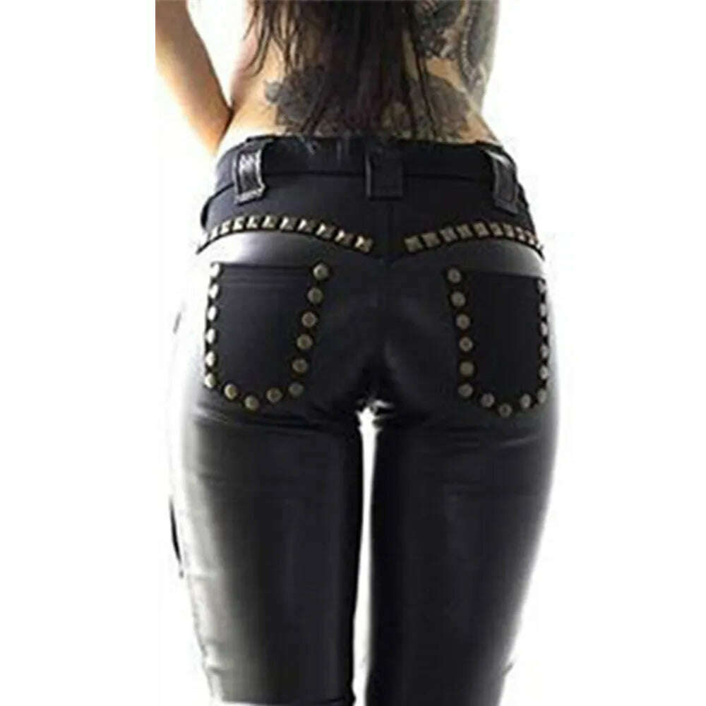 Women Pants Punk Rock Imitation Leather Pencil Pants - KIMLUD