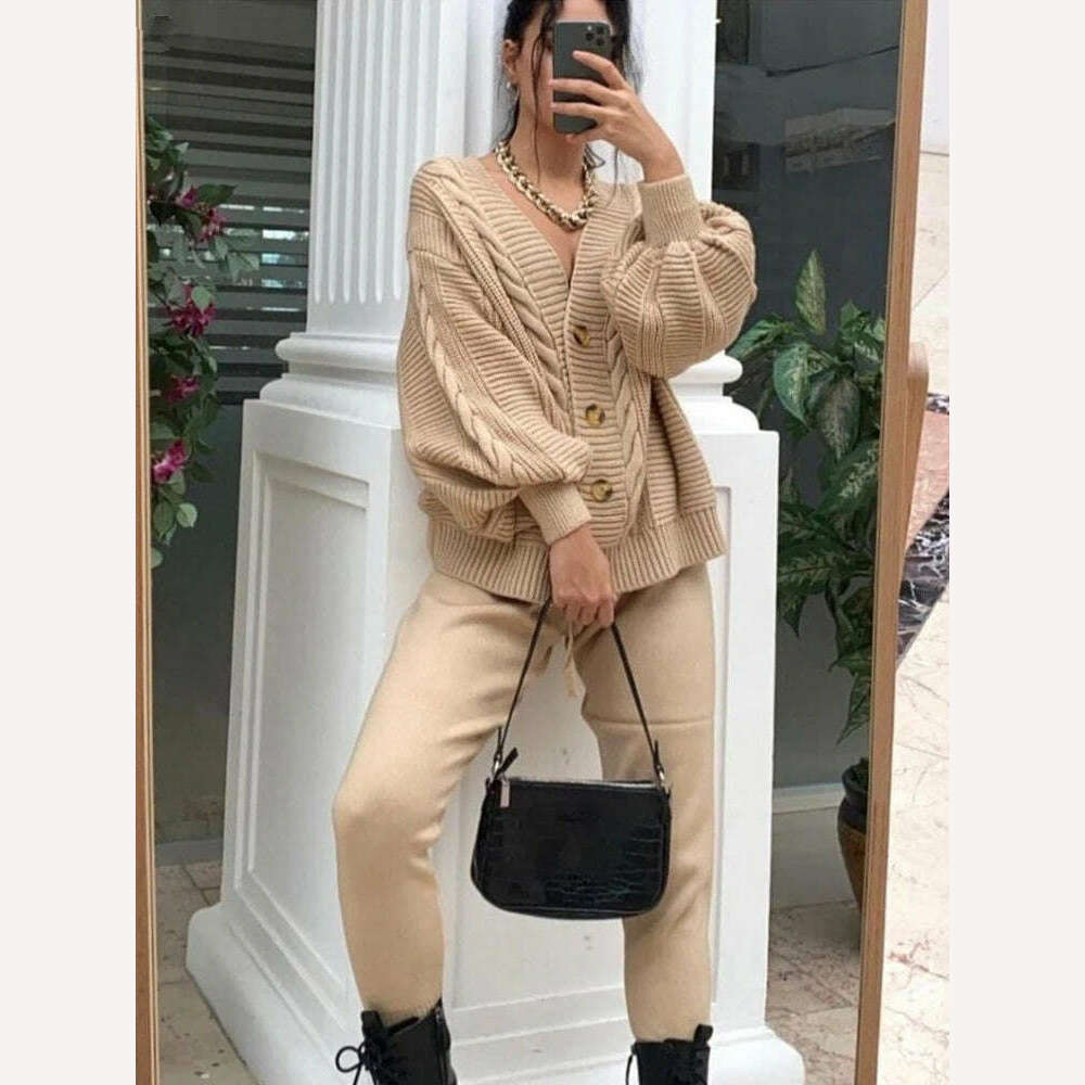 KIMLUD, Women Pants Sets 2 Pieces Sets Casual Botton Single Breasted Cardigan High Waist Length Pant Winter Sets Knitted Sweater Suits, KIMLUD Womens Clothes