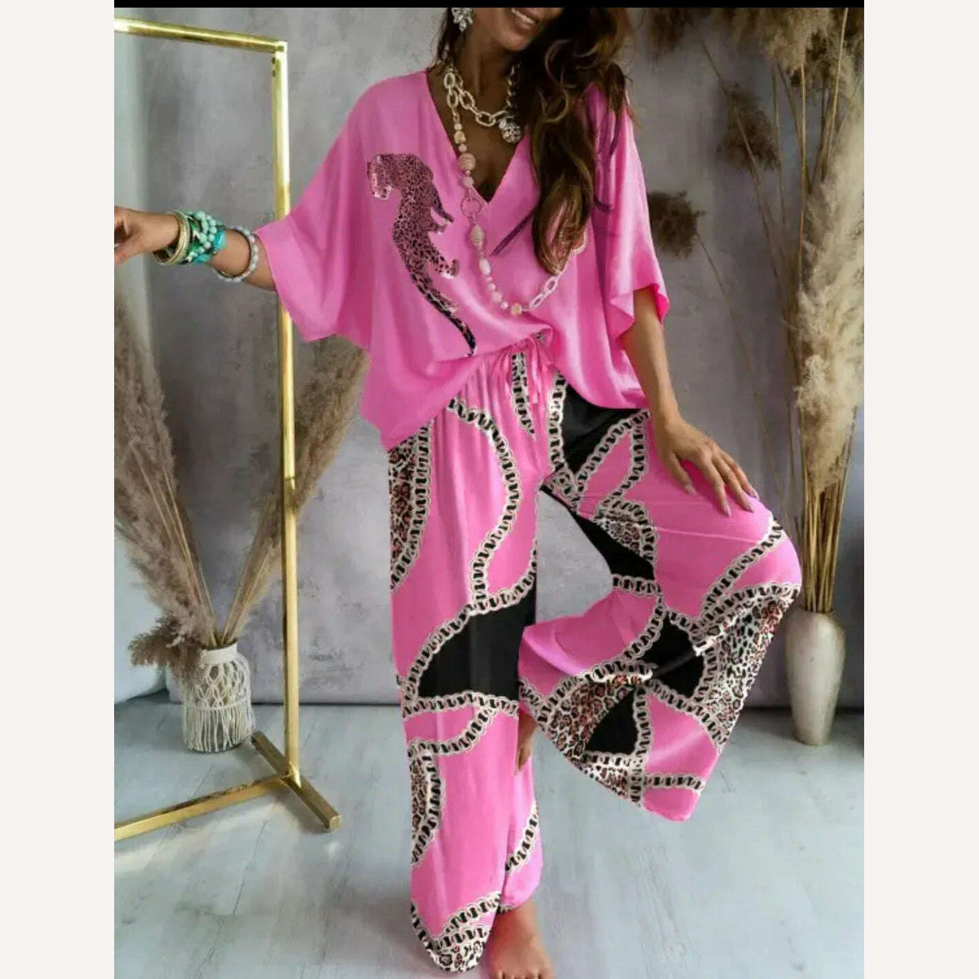 KIMLUD, Women Pants Sets Batwing Sleeve V-neck Blouse + Tie-up Straight Pant Homewear 2023 New in Summer Outfit Casual Loose 2 Piece Set, Rose Red / S, KIMLUD APPAREL - Womens Clothes
