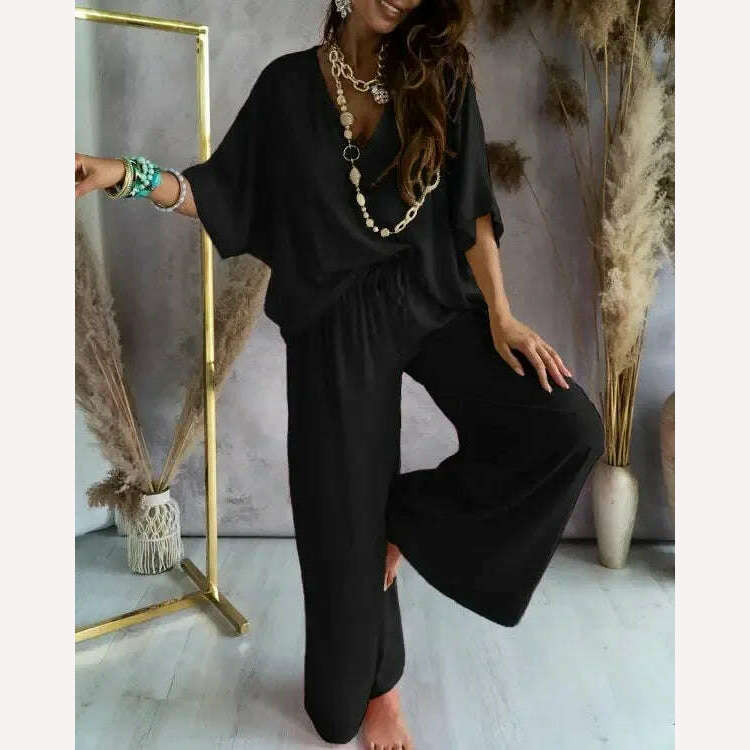 KIMLUD, Women Pants Sets Batwing Sleeve V-neck Blouse + Tie-up Straight Pant Homewear 2023 New in Summer Outfit Casual Loose 2 Piece Set, Black / S, KIMLUD APPAREL - Womens Clothes