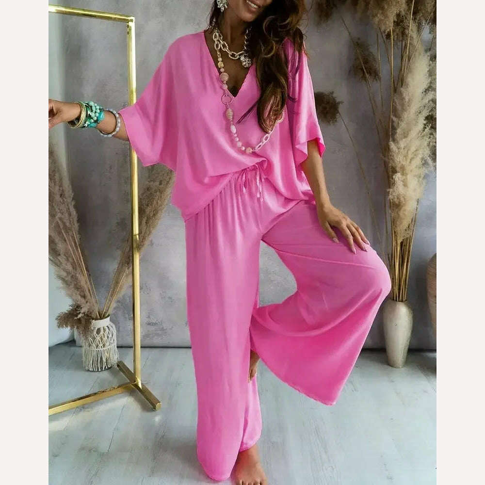KIMLUD, Women Pants Sets Batwing Sleeve V-neck Blouse + Tie-up Straight Pant Homewear 2023 New in Summer Outfit Casual Loose 2 Piece Set, Auburn / S, KIMLUD APPAREL - Womens Clothes