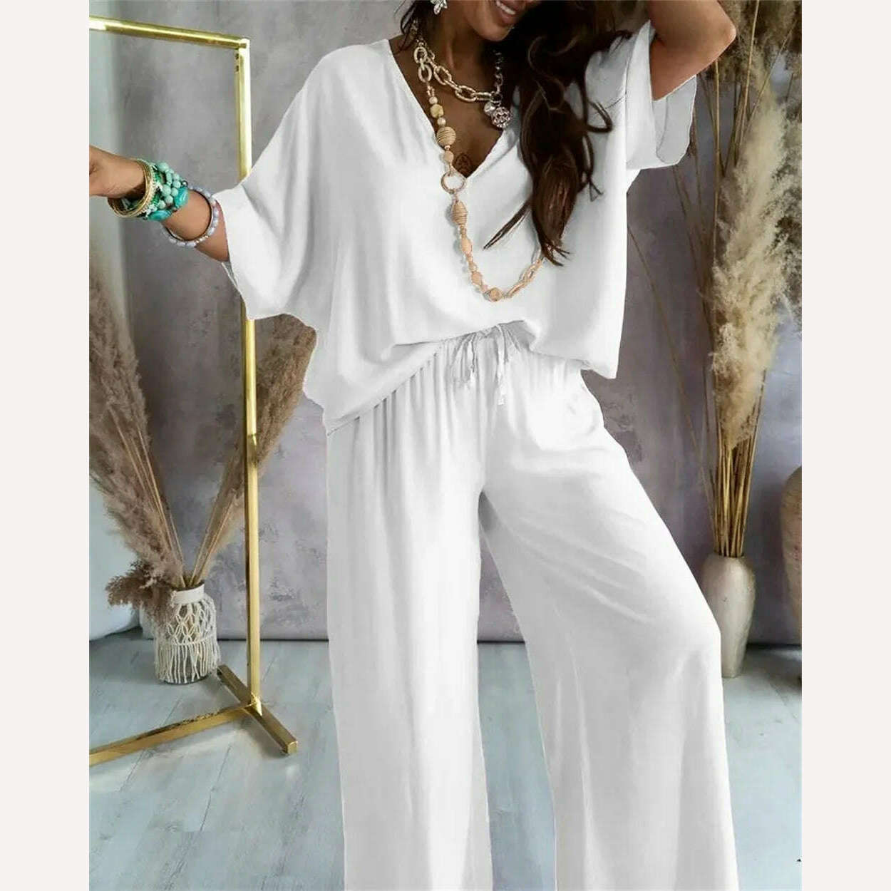 KIMLUD, Women Pants Sets Batwing Sleeve V-neck Blouse + Tie-up Straight Pant Homewear 2023 New in Summer Outfit Casual Loose 2 Piece Set, KIMLUD Womens Clothes