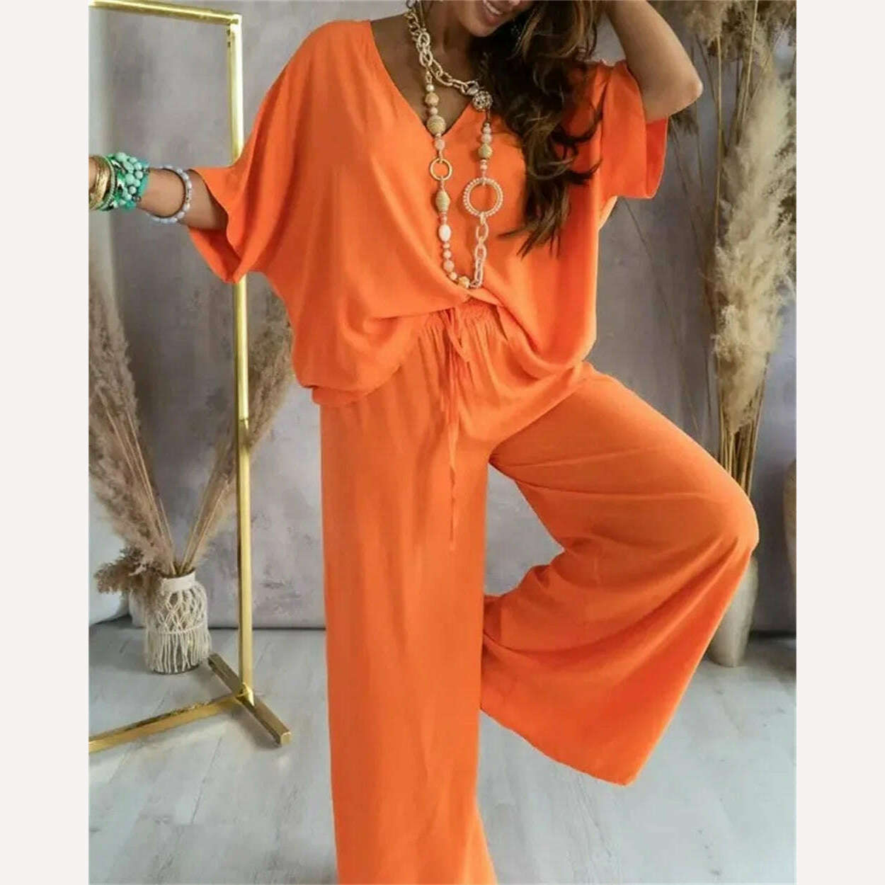 KIMLUD, Women Pants Sets Batwing Sleeve V-neck Blouse + Tie-up Straight Pant Homewear 2023 New in Summer Outfit Casual Loose 2 Piece Set, KIMLUD Womens Clothes