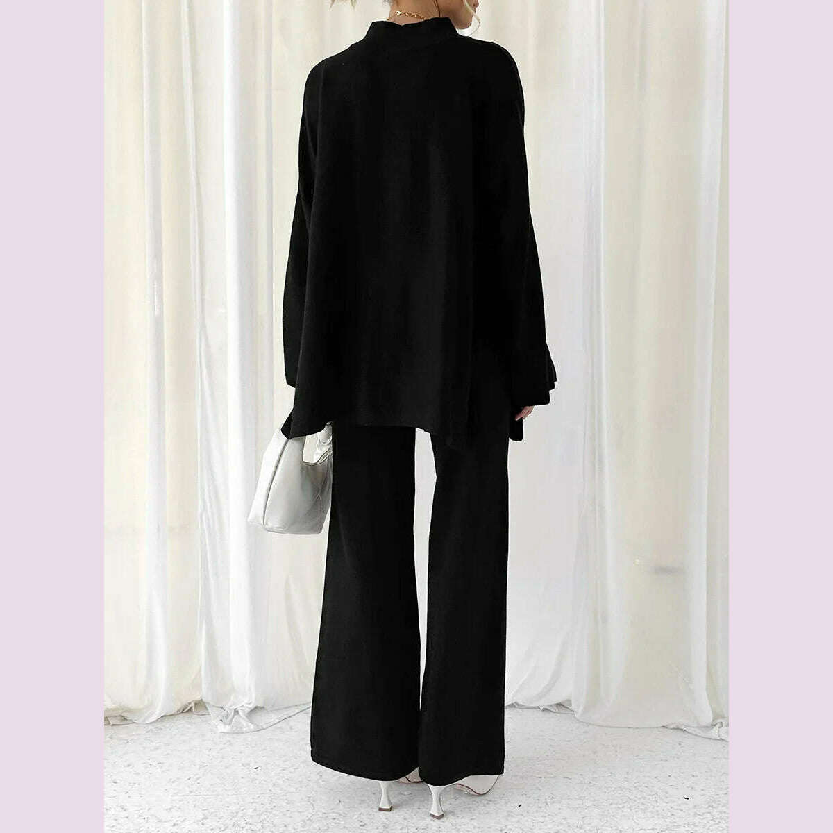 Women Pants Suit Elegant Long Sleeve Semi-high Collar Sweater with Wide Leg Pants Fall Outfit - KIMLUD