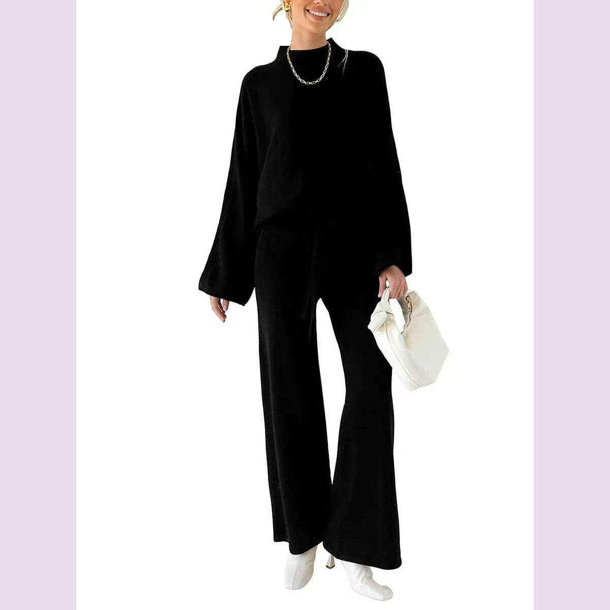 Women Pants Suit Elegant Long Sleeve Semi-high Collar Sweater with Wide Leg Pants Fall Outfit - KIMLUD