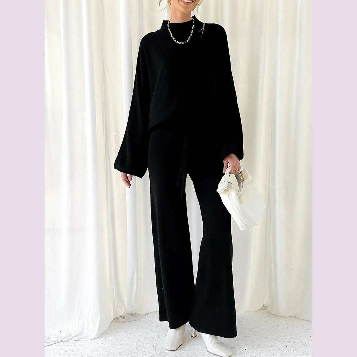 Women Pants Suit Elegant Long Sleeve Semi-high Collar Sweater with Wide Leg Pants Fall Outfit - KIMLUD