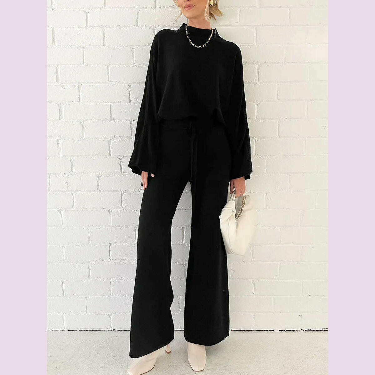 Women Pants Suit Elegant Long Sleeve Semi-high Collar Sweater with Wide Leg Pants Fall Outfit - KIMLUD