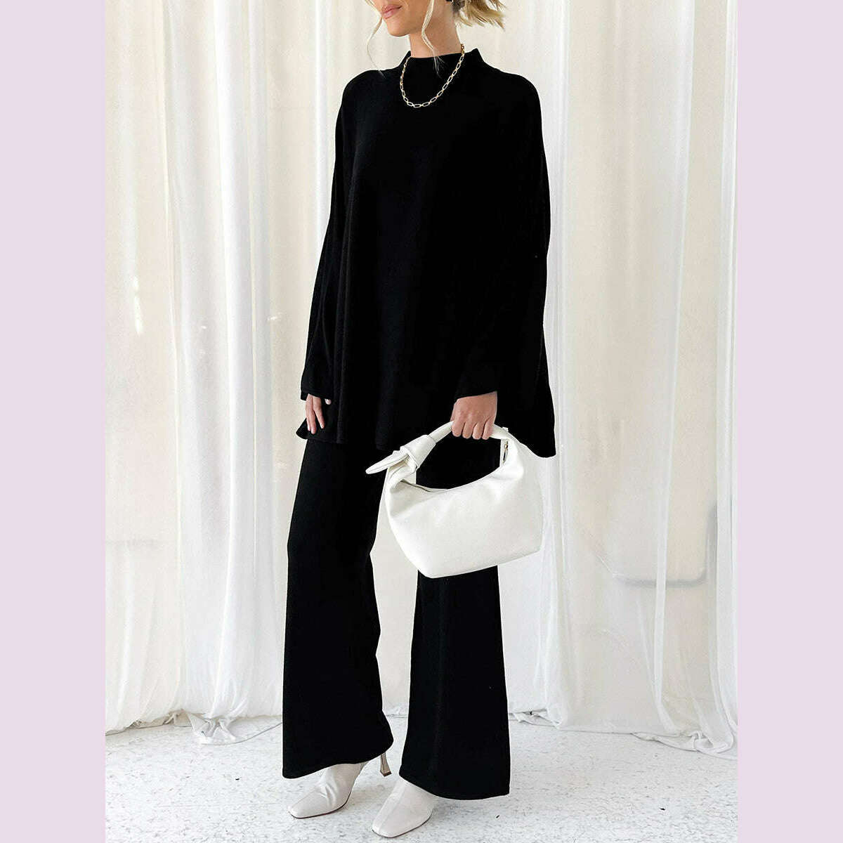 Women Pants Suit Elegant Long Sleeve Semi-high Collar Sweater with Wide Leg Pants Fall Outfit - KIMLUD