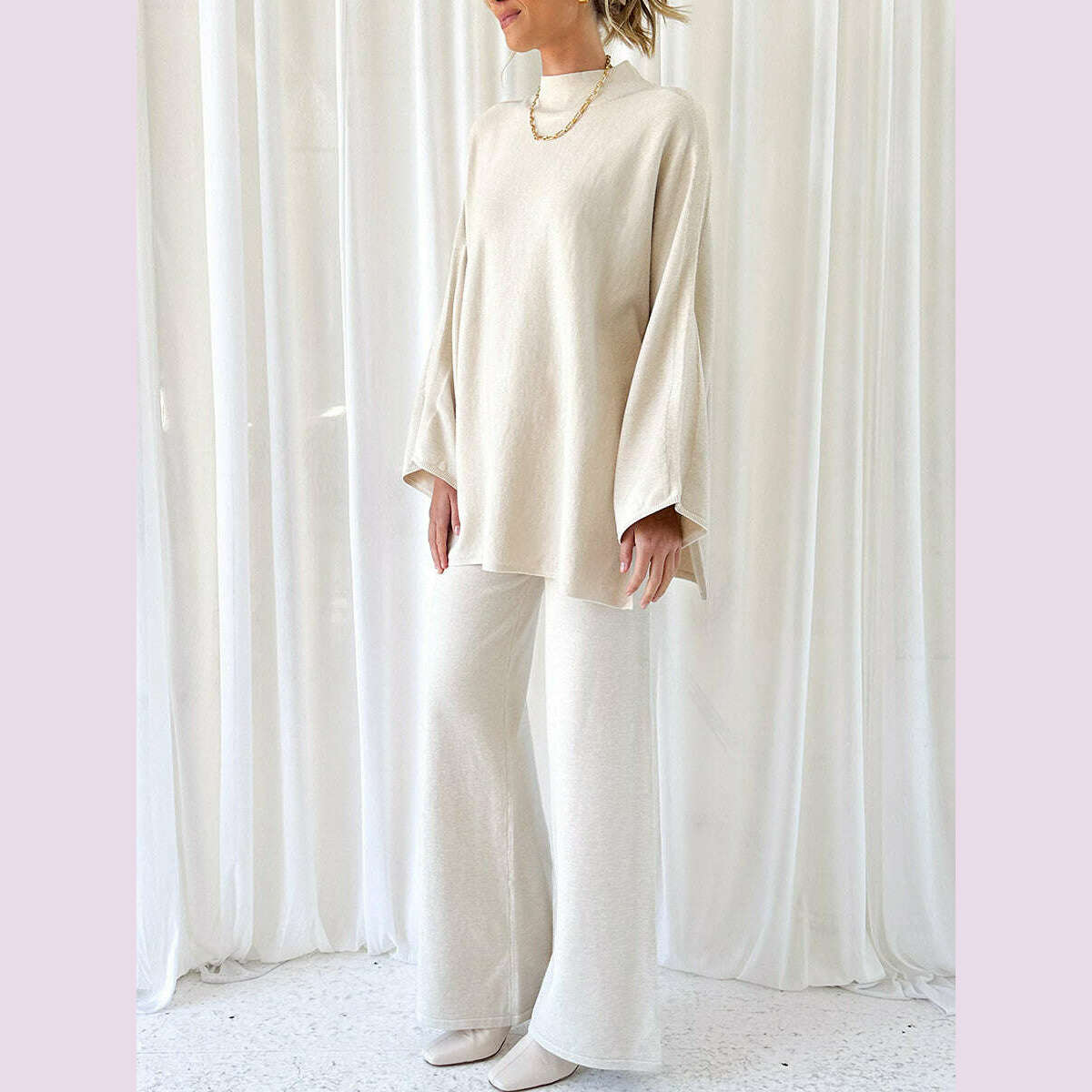 Women Pants Suit Elegant Long Sleeve Semi-high Collar Sweater with Wide Leg Pants Fall Outfit - KIMLUD