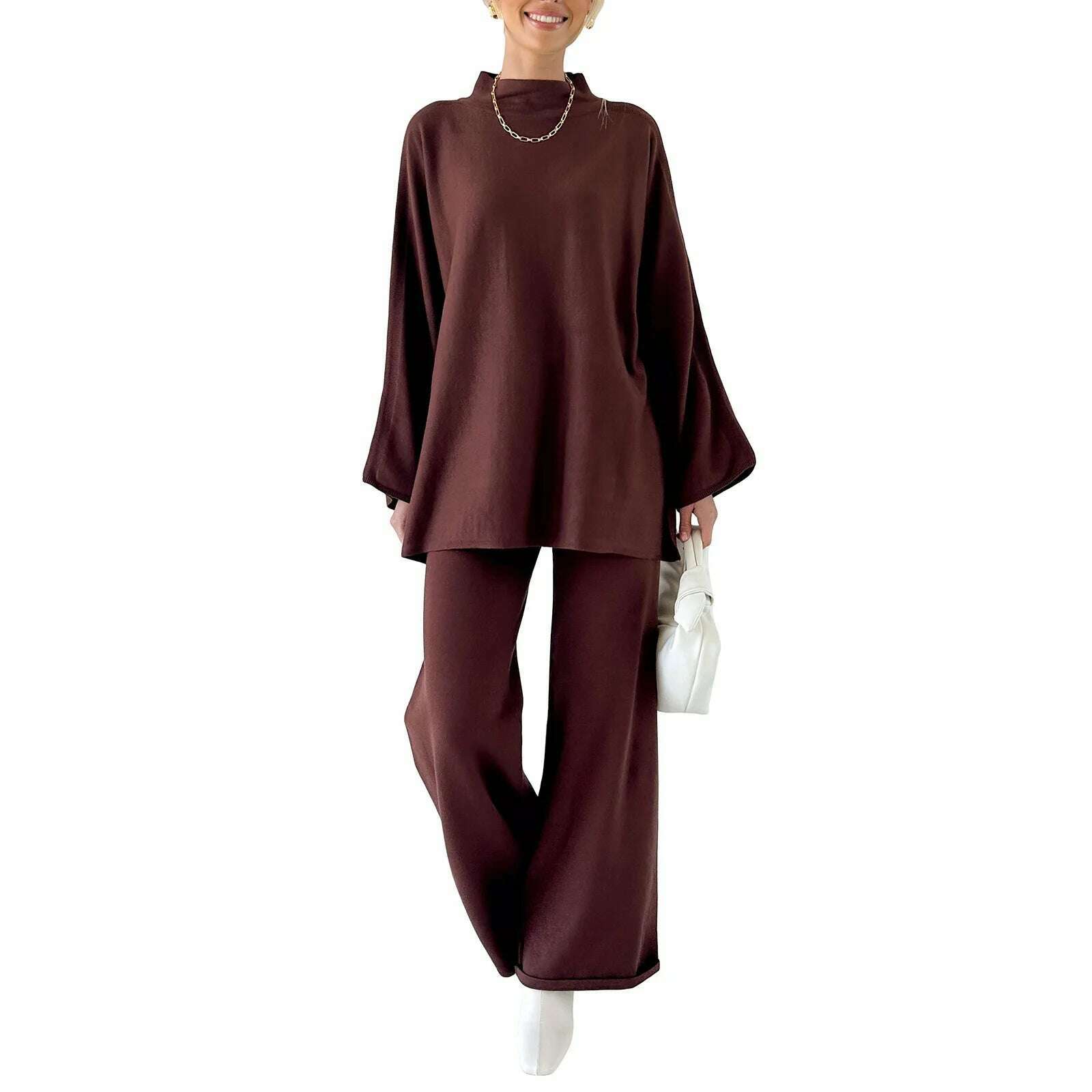 Women Pants Suit Elegant Long Sleeve Semi-high Collar Sweater with Wide Leg Pants Fall Outfit - KIMLUD