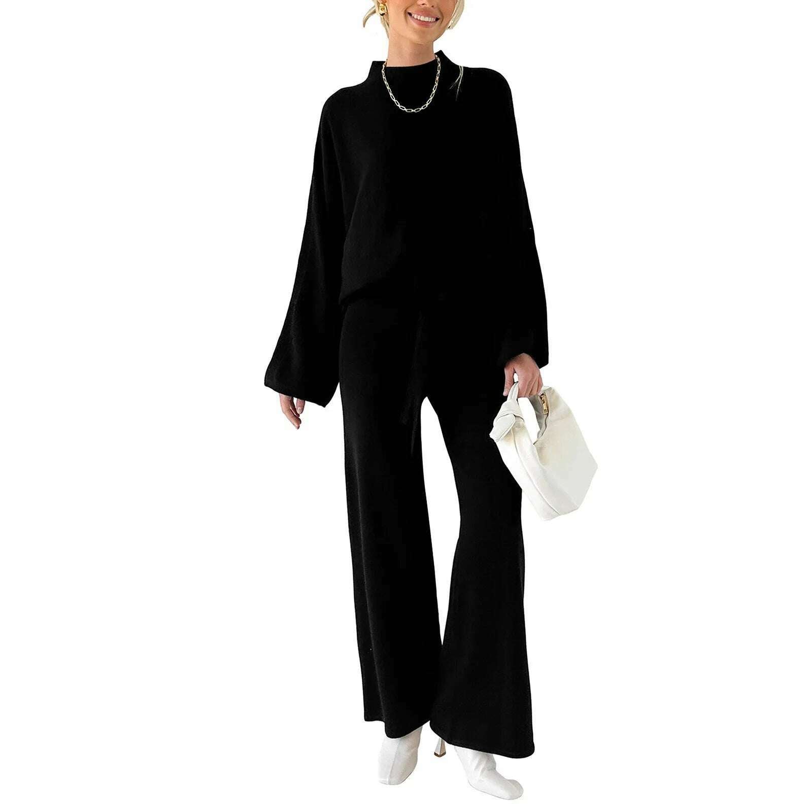 Women Pants Suit Elegant Long Sleeve Semi-high Collar Sweater with Wide Leg Pants Fall Outfit - KIMLUD