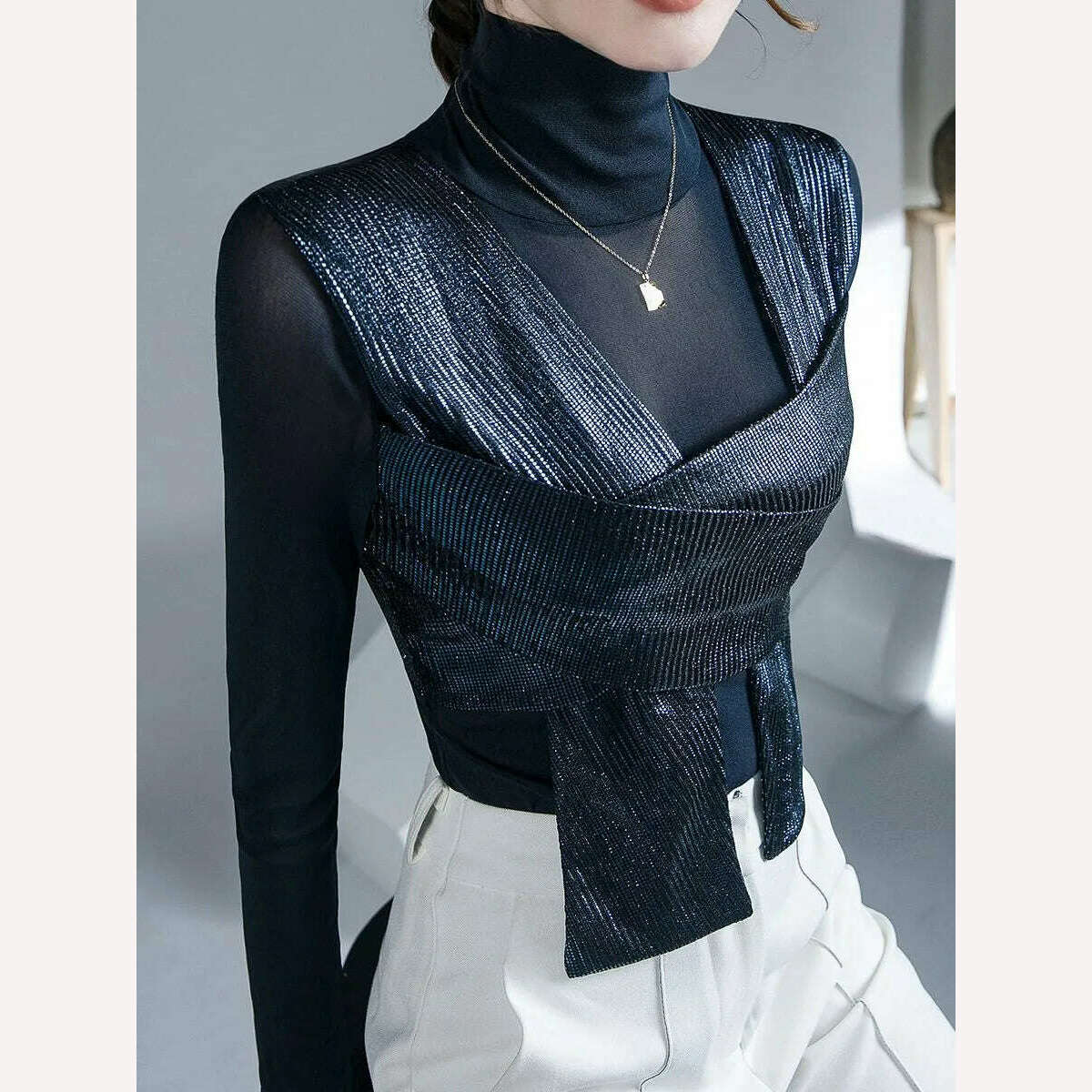 Women Patched Fashion Mesh T Shirts Lady High Stretch Turtleneck Tshirt Woman Autumn Chic Top Tee - KIMLUD
