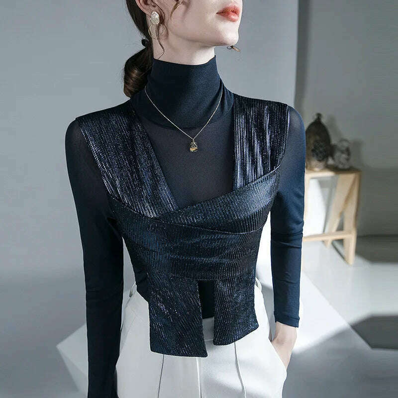 Women Patched Fashion Mesh T Shirts Lady High Stretch Turtleneck Tshirt Woman Autumn Chic Top Tee - KIMLUD