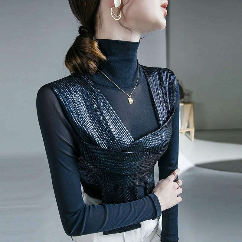 Women Patched Fashion Mesh T Shirts Lady High Stretch Turtleneck Tshirt Woman Autumn Chic Top Tee - KIMLUD