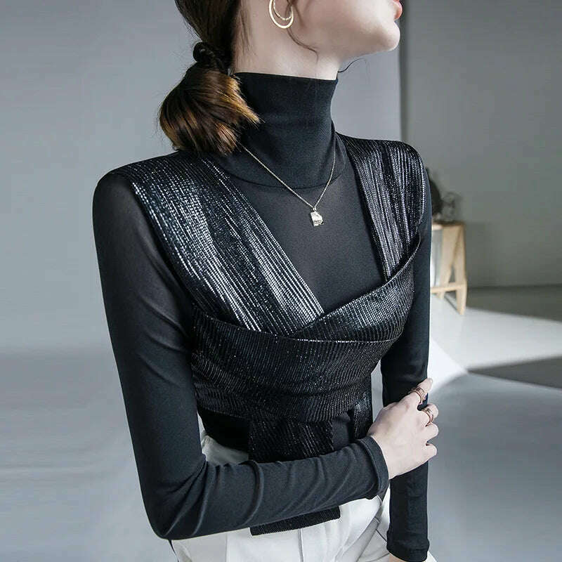 Women Patched Fashion Mesh T Shirts Lady High Stretch Turtleneck Tshirt Woman Autumn Chic Top Tee - KIMLUD