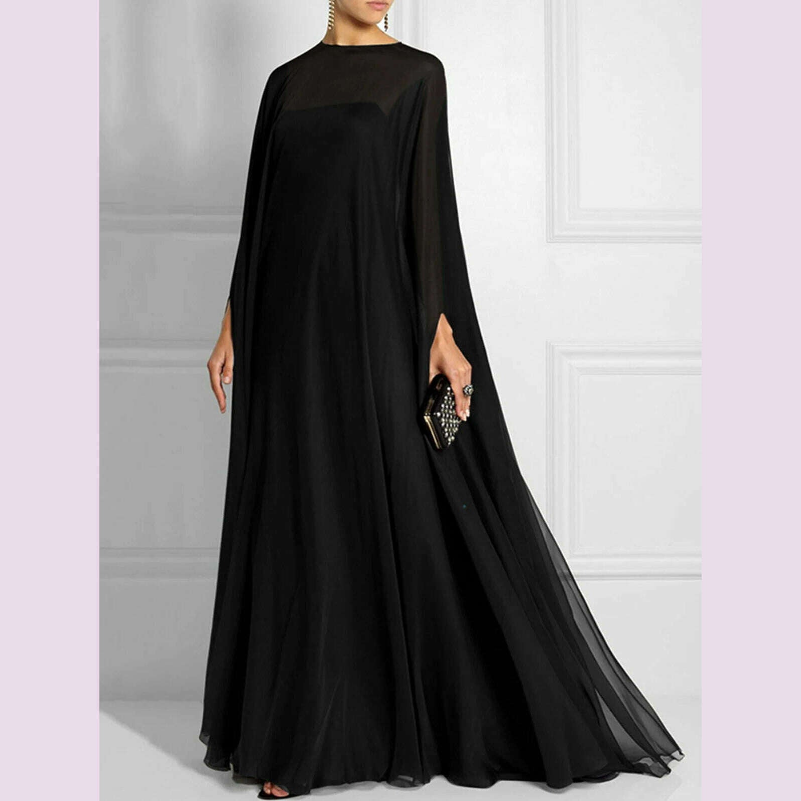 KIMLUD, Women Plus Size Elegant Dress Pleated A-Line Solid Cocktail Spring Autumn Wedding Guest Dress Vintage Dolman Sleeve Floor-length, Black / 4XL / CHINA, KIMLUD APPAREL - Womens Clothes