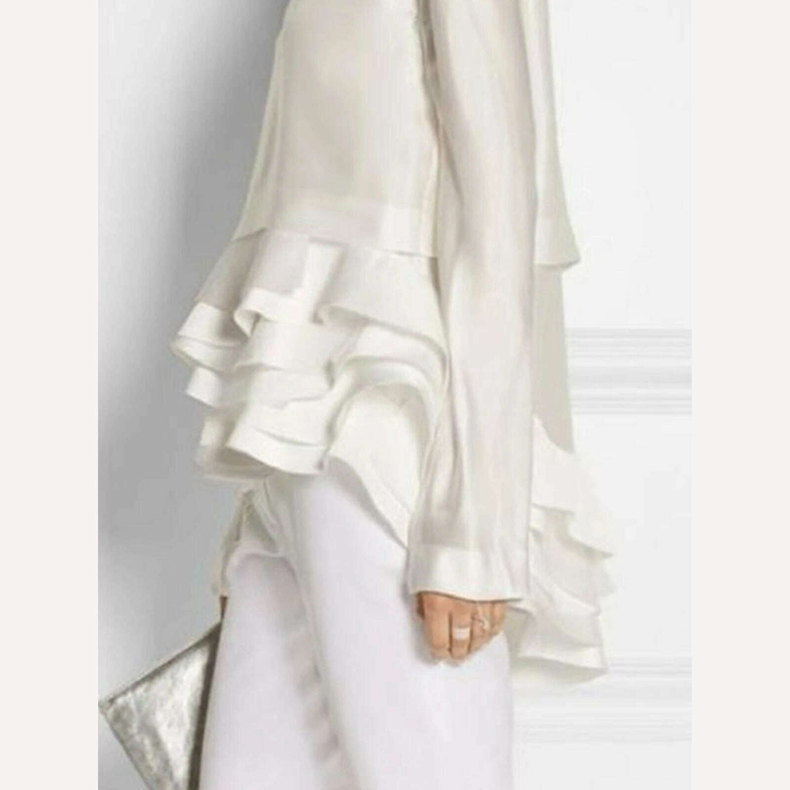 KIMLUD, Women Plus Size Shirt Ruffle Elegant Solid Flare Sleeve Ruffle Layered Hem Shirt Office Lady Autumn Round Neck Blouse for Women, KIMLUD Womens Clothes