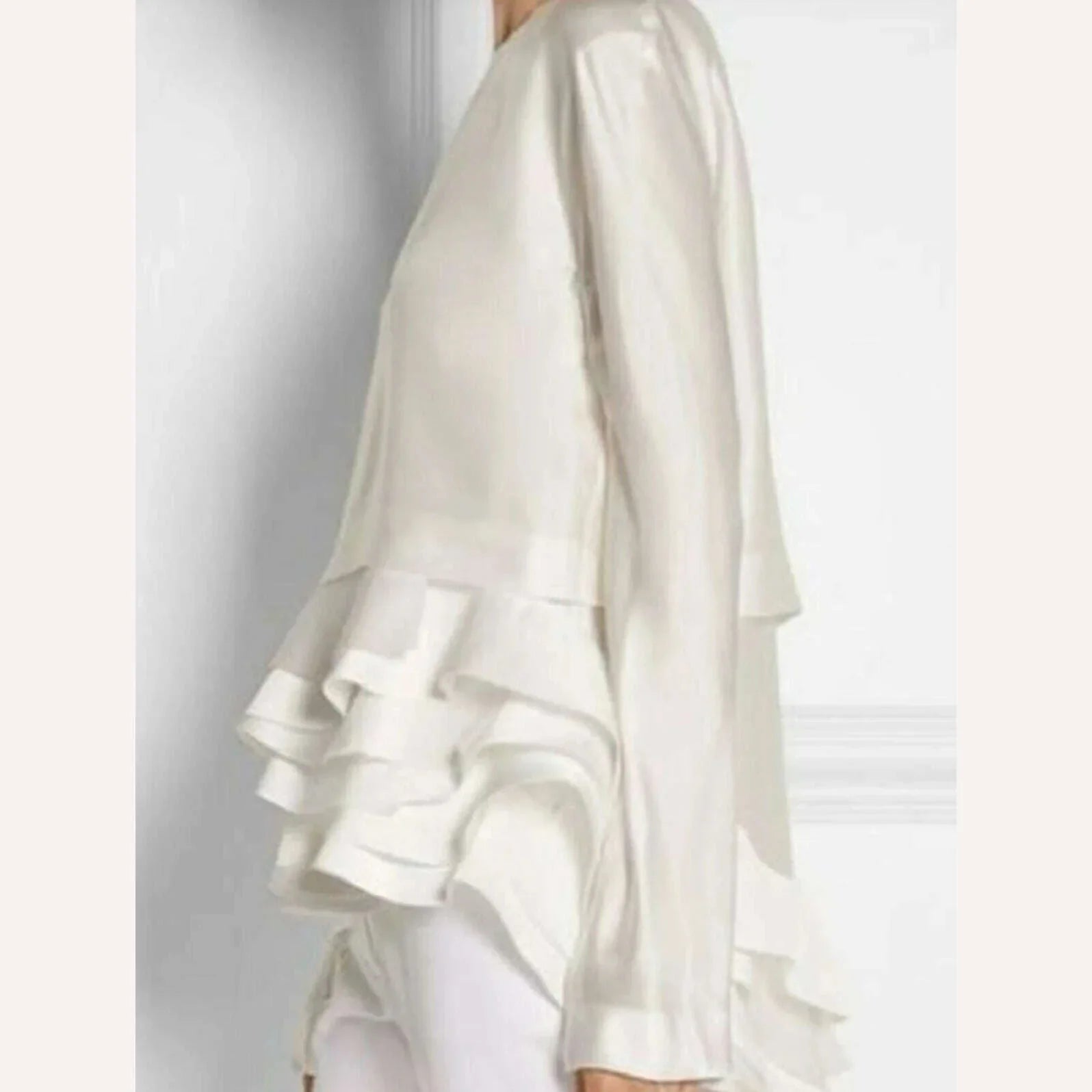 KIMLUD, Women Plus Size Shirt Ruffle Elegant Solid Flare Sleeve Ruffle Layered Hem Shirt Office Lady Autumn Round Neck Blouse for Women, KIMLUD Womens Clothes