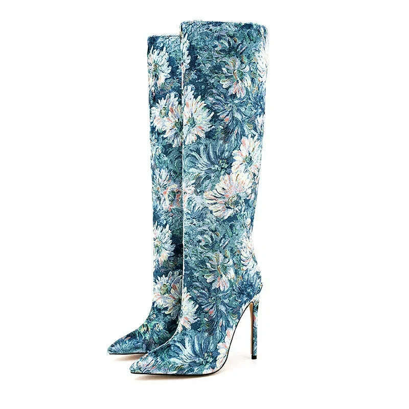 KIMLUD, Women Pointed Toe Long Boots Fashion Print High Heels Slip On Mature Ladies Shoes Brand Design New Blue Flower Luxury Booties, KIMLUD Womens Clothes