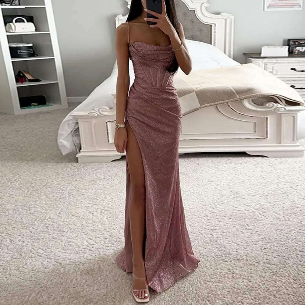 Women Polyester Maxi Dress Elegant Sequin Spaghetti Strap Evening Dress with High Split Off Shoulder Design Women's for Formal - KIMLUD